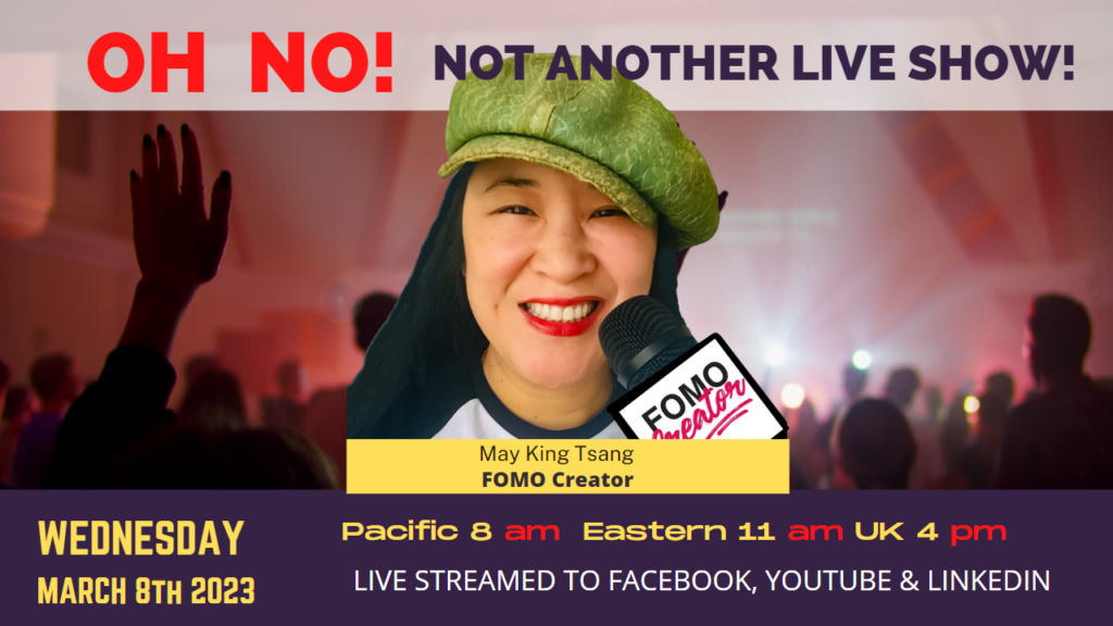 This week we welcome May King Tsang back to the show who has recently launched her new show, the FOMOCreator show, on LinkedIn. FOMO means Fear of Missing Out, which is what May King tries to create on social media for events, ranging from conferences to parades and concerts, so that people not attending see the event on social media and feel they've missed out.